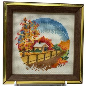 vintage handmade cross stitch rural landscape fall autumn framed preworked 6x6